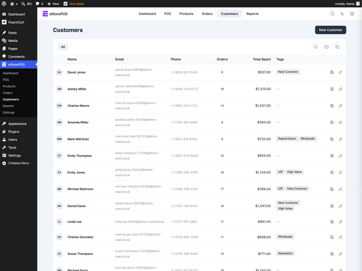 Customers list with tags, order counts and total spent