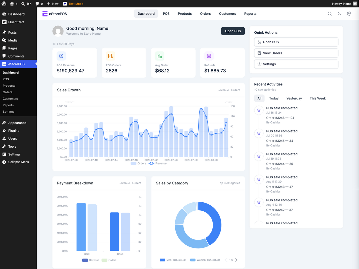 Dashboard with revenue KPIs, sales growth chart and activity feed