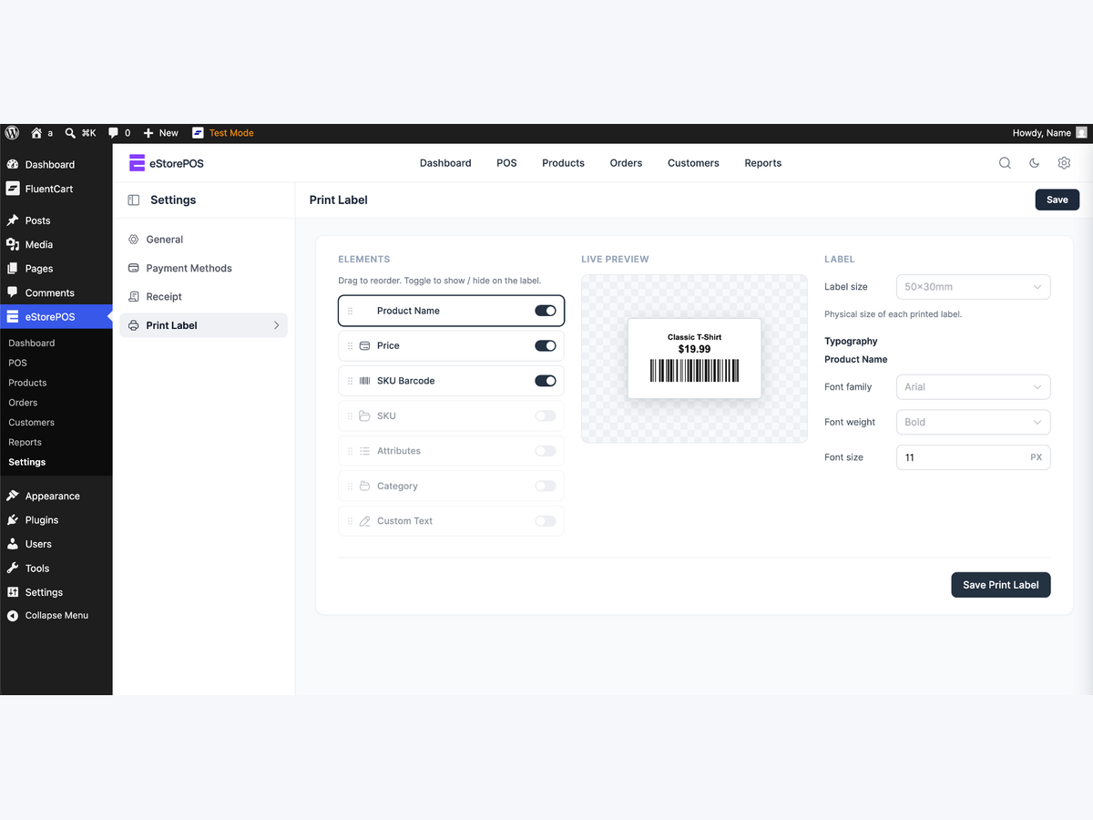 Barcode label designer with live preview