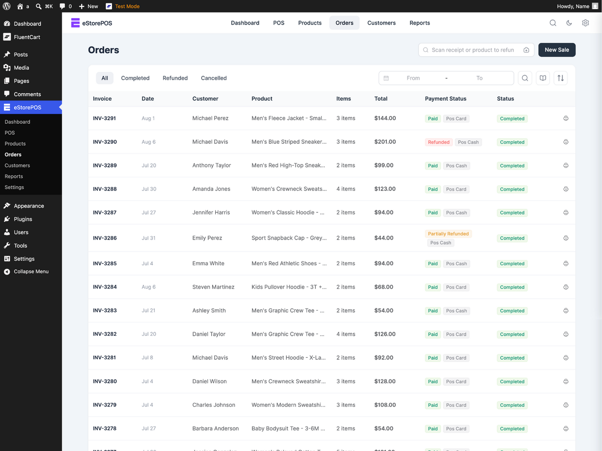 Orders list with payment status and scan-to-refund search