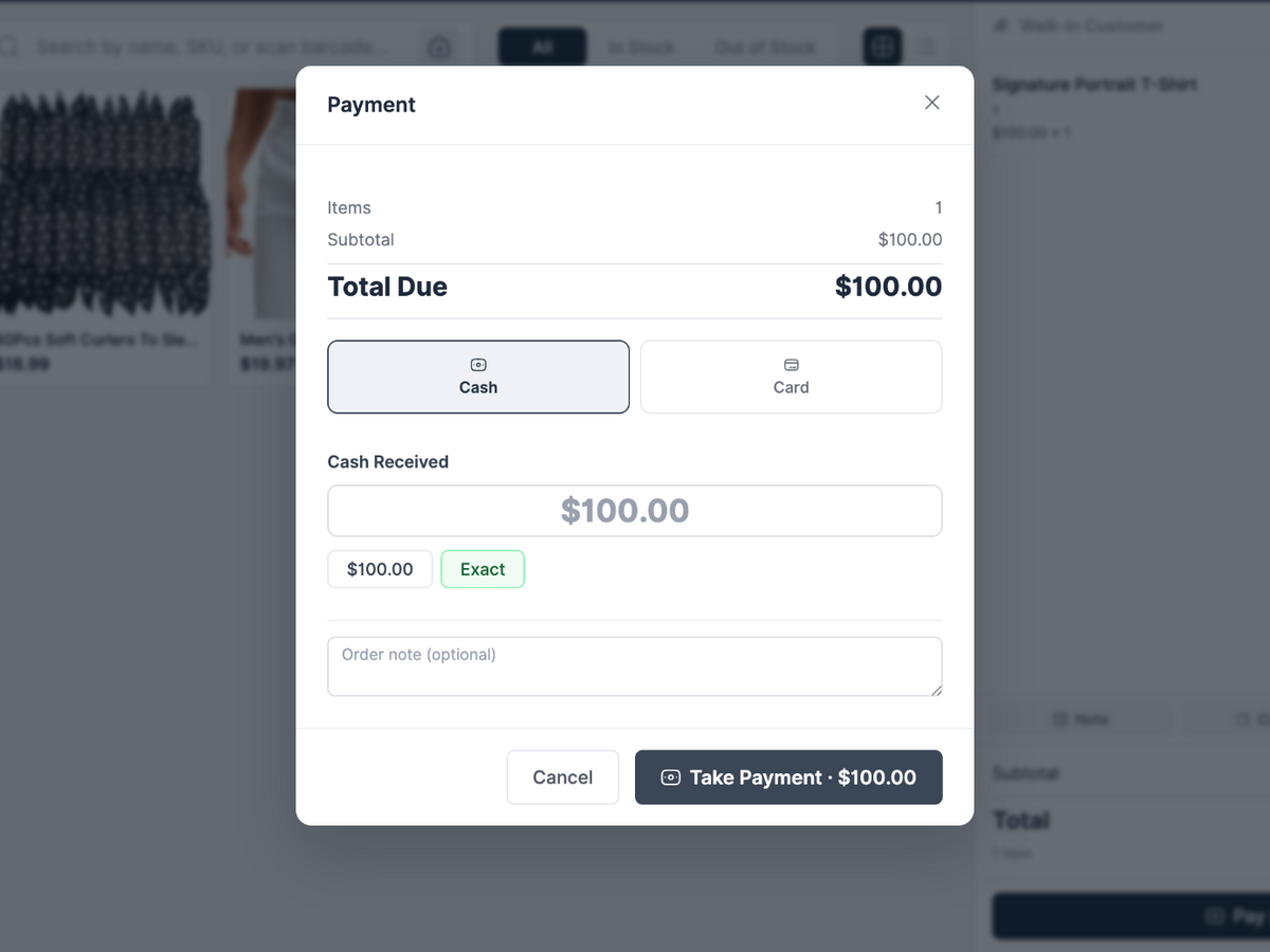 Payment modal with cash and card options