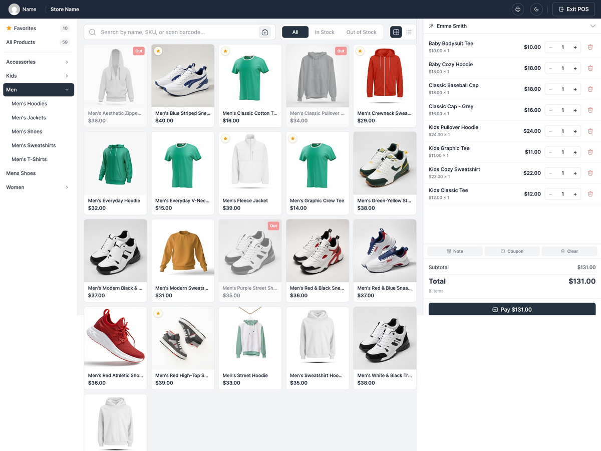 Full-screen POS register with product grid and cart
