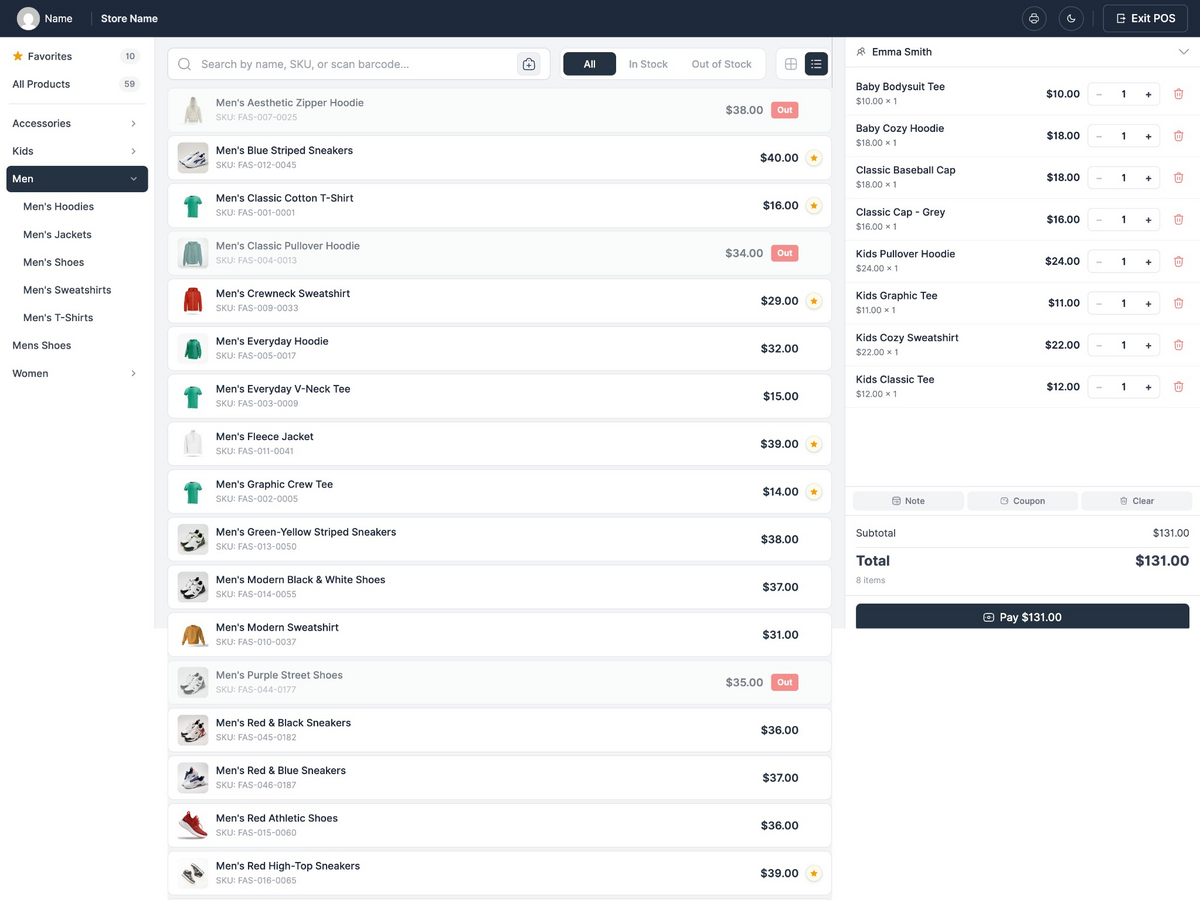 POS list view with SKUs, prices and live cart
