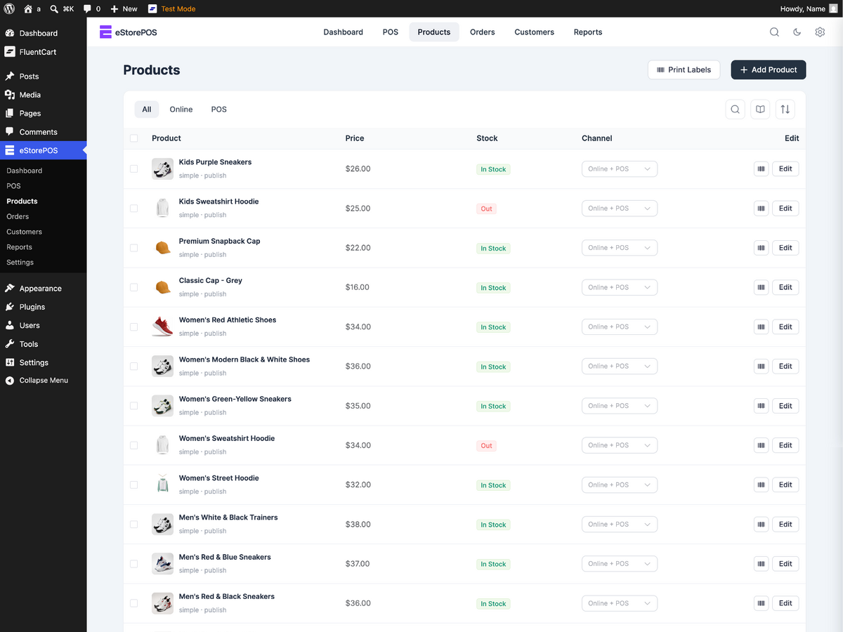 Products list with per-product channel selector