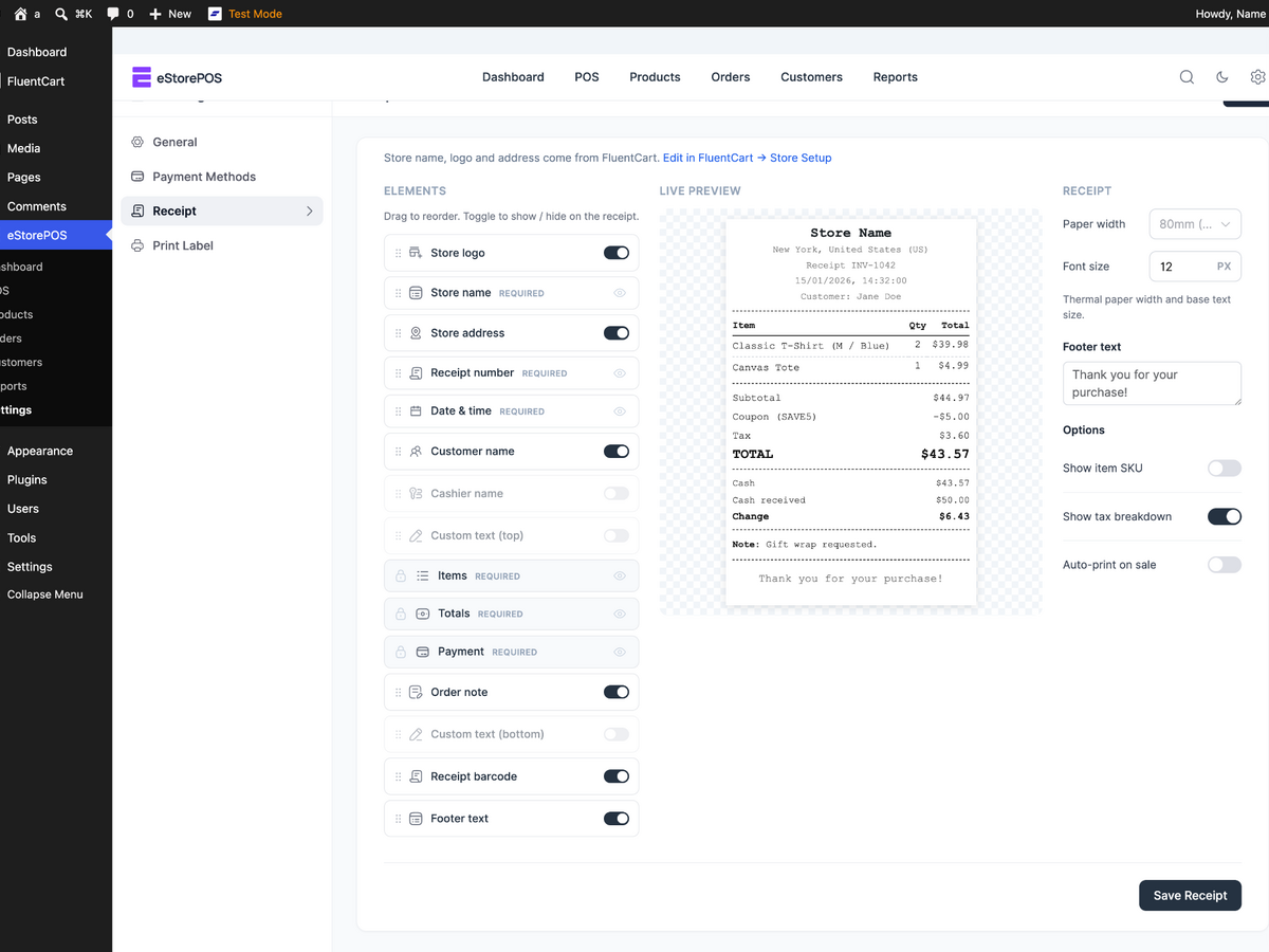Receipt designer with drag-and-drop elements and live thermal preview